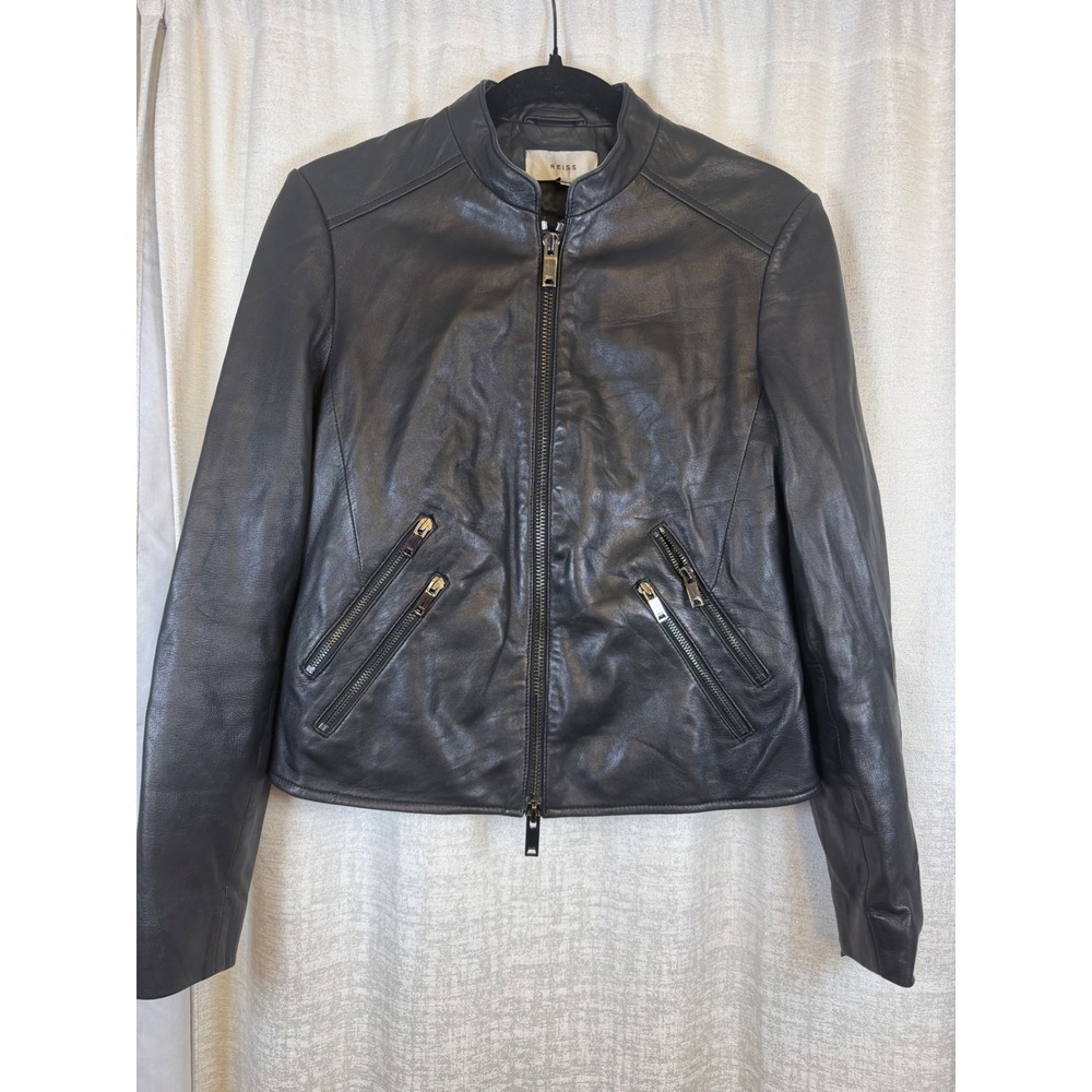 Reiss Womens Black Lamb Leather Biker Jacket Band Collar Size US 4 UK 8